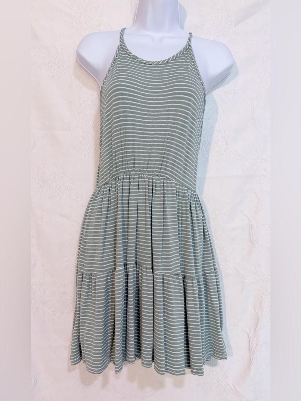 Olivia Rae Sage and White Striped Halter Mini Dress D0065